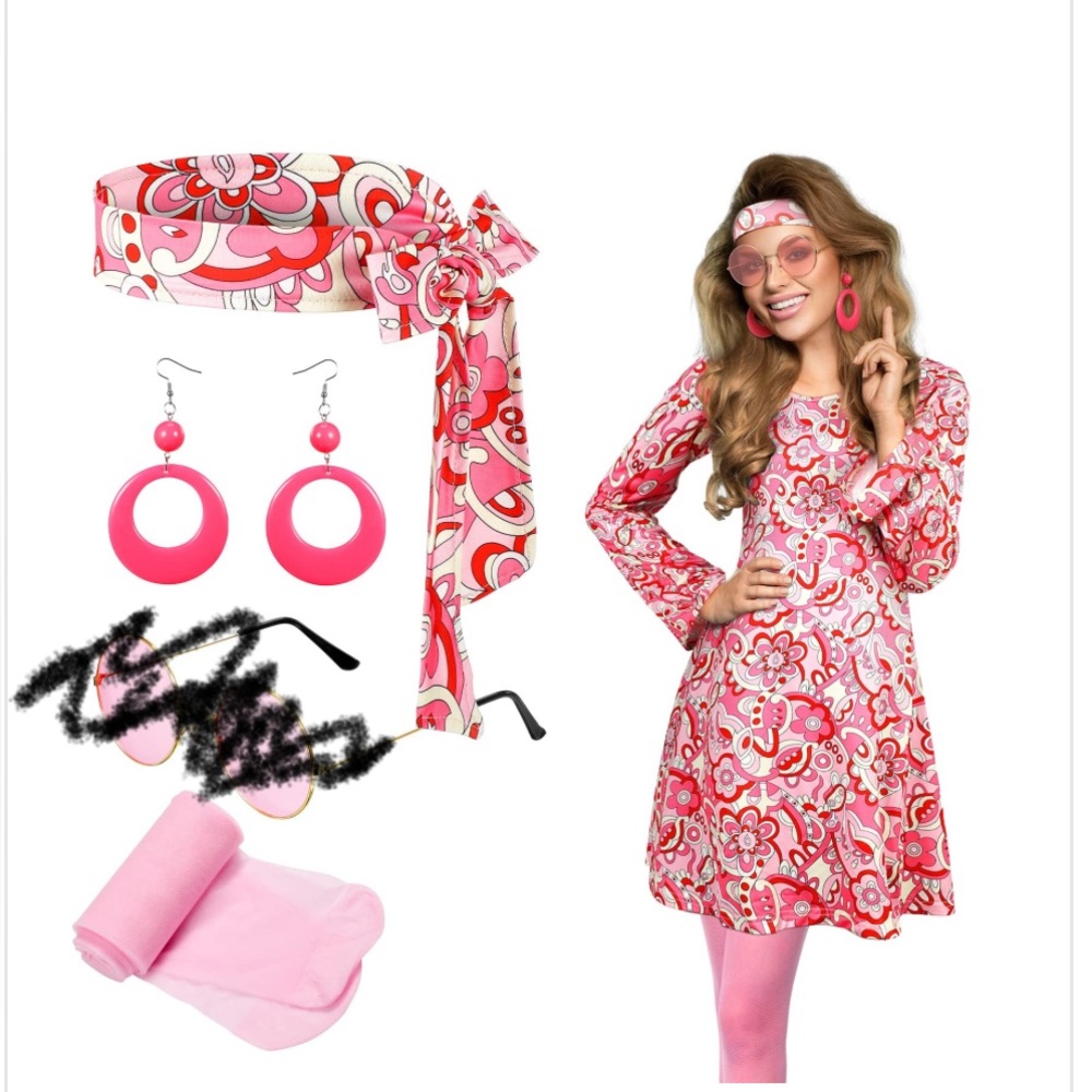 Pink Floral 60s Costume Dress with Accessories